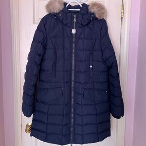 NWT Pajar Phoenix Fox Fur-Trim Down Puffer Coat, Navy, Size XL